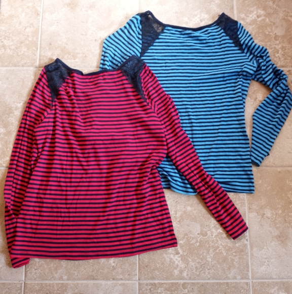 JCP (2) Lace Shoulder Long Sleeve Stripe Tops Sz.M - Picture 2 of 4